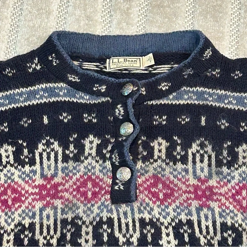 Vintage L.L. Bean Nordic Fair Isle Wool Blend Henley Button Sweater - L